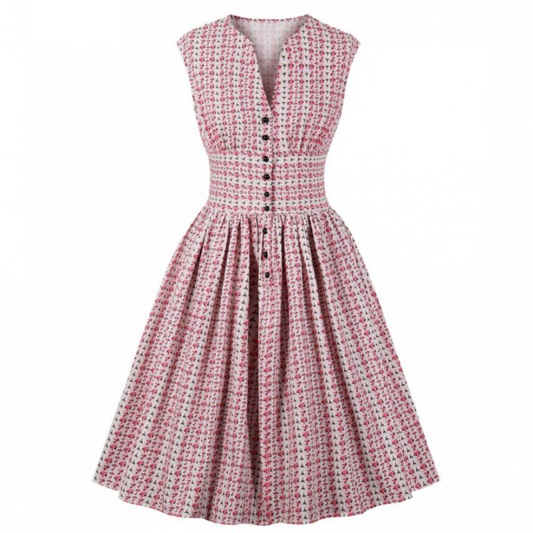  Vintage Sleeveless Pleated Printing Shirt Dress