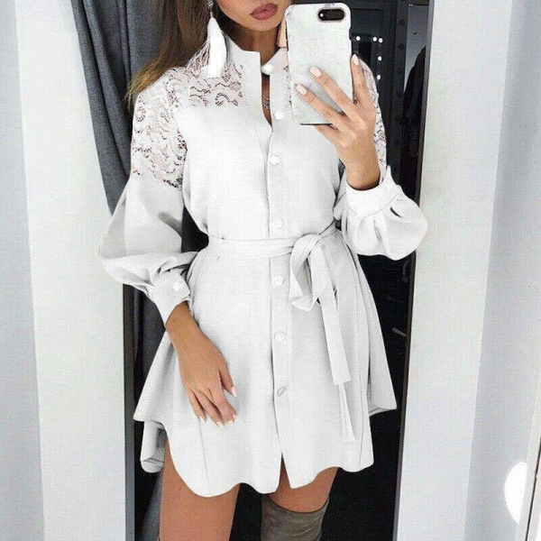 Women Elegant Turn-Down Collar Shirt Dress 2020 Autumn New Fashion Zipper Mini Dresses Office Lady Lantern Sleeve Letter Dresses Ladies Elegant Flip-Down Collar Shirt Costume