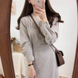 Classic Gown plaid buttons Lengthy Sleeve Girls