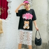 Loose Ladies Cartoon Dress with Beading - Black and White
