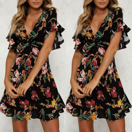 New Women Long Boho Dress Summer Maxi Print Shirts Casual Chiffon Ruffles Sleeve Shirt Elegant Classic Dresses 1 Girls Lengthy Boho Gown Summer time Maxi Print Shirts