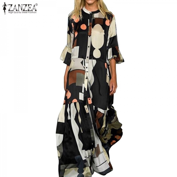 ZANZEA Summer Fashion Printed Party Shirt Dress Short Flare Sleeve Sundress Women Casual Lace-Up Bohemian Long Vestidos Female 1 Summer season Style Printed Occasion Shirt Gown Quick Flare