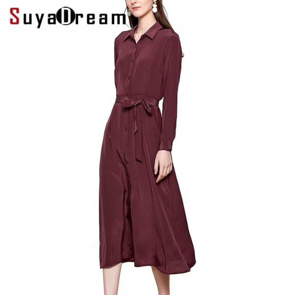 SuyaDream Woman Solid Long Silk Dress 100%Silk Elegant Sash Office Lady Shirt Dress Women 2020 Summer Work Blouse Dresses 1 Silk Elegant Sash Workplace Girl Shirt Costume
