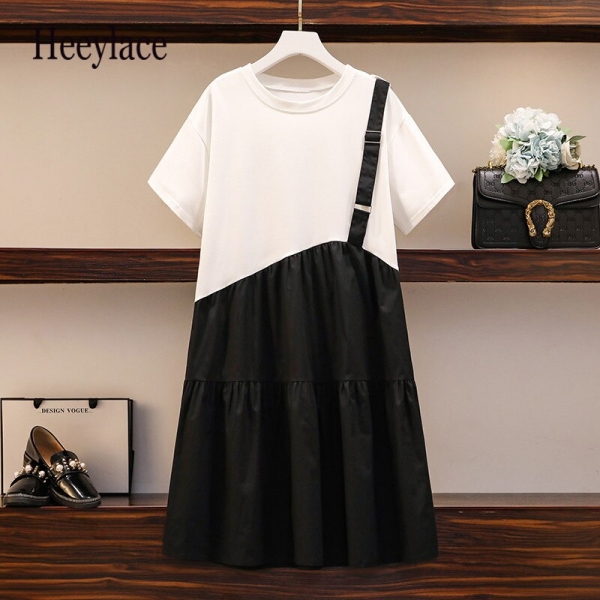 Plus Size Women Casual Dress Summer 2020 Korean Fashion Short Sleeve T Shirt Patchwork Single Strap Loose Ruffle Dresses 5XL Plus Measurement Girls Informal Gown Summer time Korean Vogue