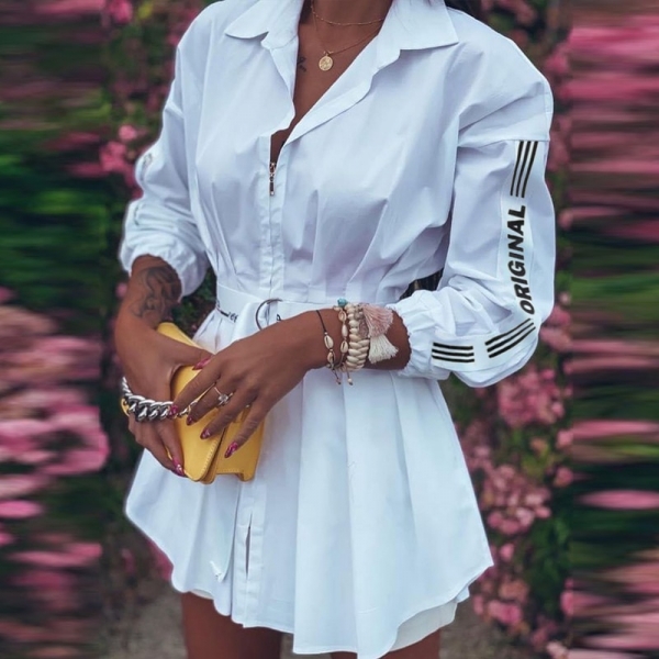 Women Elegant Turn-Down Collar Shirt Dress 2020 Autumn New Fashion Zipper Mini Dresses Office Lady Lantern Sleeve Letter Dresses 3 Elegance Unleashed: Autumn Zipper Mini Dress with Lantern Sleeves