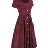 Long Sleeve V Neck Button Down Midi Skater Dress