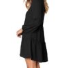 Amoretu Women's Deep V Neck Loose Shift Pleated Tunic Dress Long Sleeves Black S