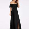 Chic Ladies' Ruffled Chiffon A-Line Bridesmaid Dress - Versatile Off-Shoulder, Empire Waist Gown in Black (US16)