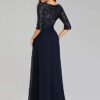 Half Sleeve Round Neck Maxi Special Occasion Dresses Navy Blue
