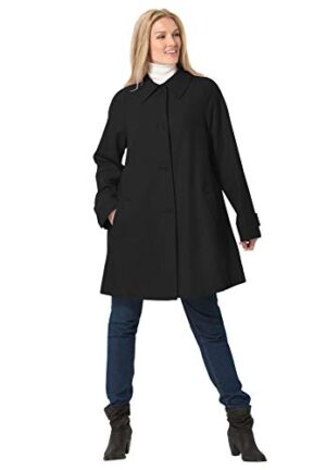 Elegant black plus-size wool-blend A-line coat with button-front design and angled slash pockets. 