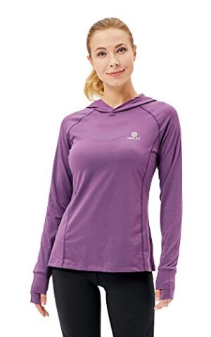 Lightweight grape purple hooded workout shirt with thumbholes, designed for comfort and style during fitness and outdoor activities. 