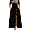 High Waist Half Sleeve Plaid Print Round Neck Inclined