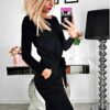 Long Sleeve Party Bodycon Sheath Belted Dress with Pockets Black