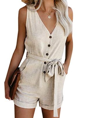 Summer Sleeveless V Neck Button Down Beige Tank Romper
