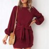 Elegant Long Lantern Sleeve Short Dress Crewneck