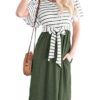 Summer Striped Ruffle Sleeves Tie Waist Pockets