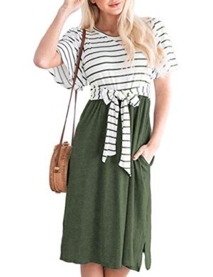 Summer Striped Ruffle Sleeves Tie Waist Pockets