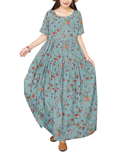 Loose Bohemian Short Sleeve Floral Dress Long Maxi
