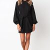 Women’s Elegant Long Lantern Sleeve Short Dress Crewneck Tie