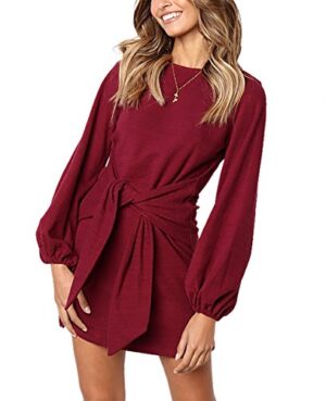Elegant Long Lantern Sleeve Short Dress Crewneck