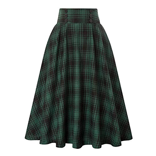 Women Plaid Skirt Vintage High Waist Pleated with Pockets