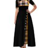 High Waist Half Sleeve Plaid Print Round Neck Inclined