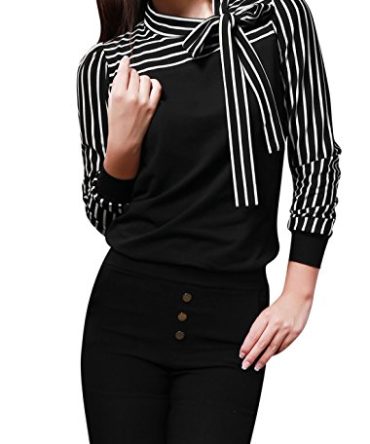 Tie-Bow Neck Striped Blouse Long Sleeve Shirt Office