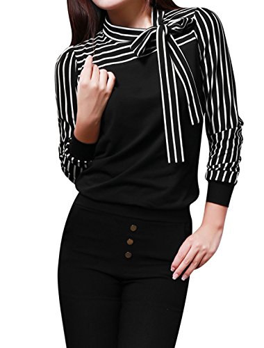 Tie-Bow Neck Striped Blouse Long Sleeve Shirt Office