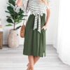 Summer Striped Ruffle Sleeves Tie Waist Pockets