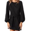 Women’s Elegant Long Lantern Sleeve Short Dress Crewneck Tie