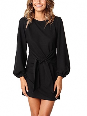 Women’s Elegant Long Lantern Sleeve Short Dress Crewneck Tie