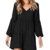 Amoretu Women's Deep V Neck Loose Shift Pleated Tunic Dress Long Sleeves Black S