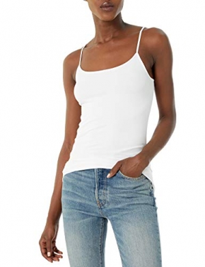 White seamless cami with spaghetti straps and a fitted silhouette, perfect for layering or standalone wear. 