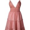 Spaghetti Strap Bowknot Backless Sleeveless Lace Mini Swing Skater Dress Pink