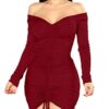 Women's Sexy Formal Bodycon V Neck Long Sleeve Cocktail Party Midi Dress in WineRed – Perfect for Club Nights and Special Occasions