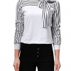 Elegant white striped tie-bow neck shirt for women, featuring long sleeves and a flattering, relaxed fit. 