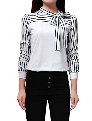 Elegant white striped tie-bow neck shirt for women, featuring long sleeves and a flattering, relaxed fit. 