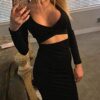 Womens Sexy Long Sleeve Cut-Out Bandage Bodycon Clubwear Midi
