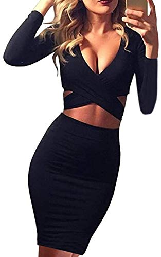 Womens Sexy Long Sleeve Cut-Out Bandage Bodycon Clubwear Midi