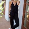 Spaghetti Strap Drawstring Waist Jumpsuit Romper with Pockets