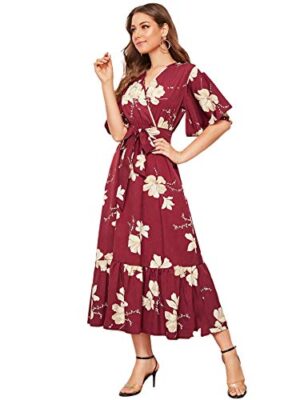 Floral Ruffle Hem Peplum Long Dresses with Bel