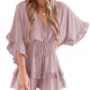 V Neck Beach Romper Ruffle Layered Drawstring Waisted Shorts