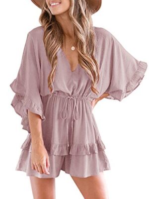 V Neck Beach Romper Ruffle Layered Drawstring Waisted Shorts