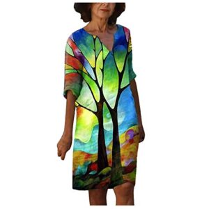 Women Shirt Dress Vintage Floral Print Knee Length