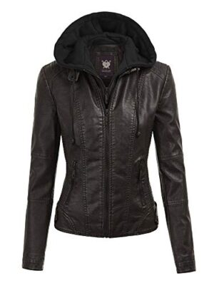 Womens Faux Leather Quilted Motorcycle Jacket with Hoodie