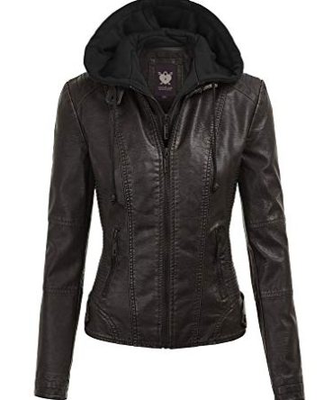 Womens Faux Leather Quilted Motorcycle Jacket with Hoodie