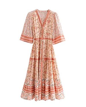 Women's Casual Half Sleeve V Neck Floral Print Bohemian