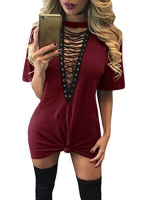 Sexy Halter Lace up T Shirt Mini Club Dress