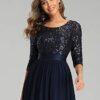 Half Sleeve Round Neck Maxi Special Occasion Dresses Navy Blue