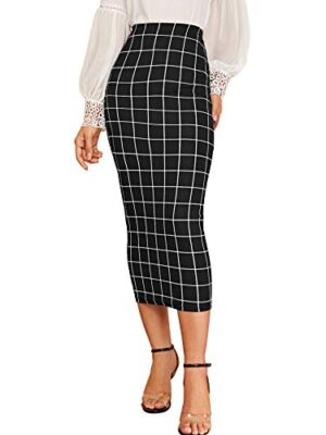 Verdusa Women's Elegant Plaid Elastic Waist Bodycon Midi Skirt